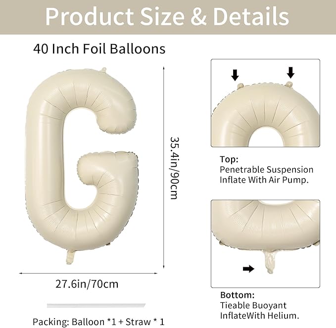 Biapian 40 Inch Giant Cream G Foil Balloon - Big Single Alphabet A-Z Balloons for Birthday, Baby Shower, Wedding, Anniversary Party Decoration