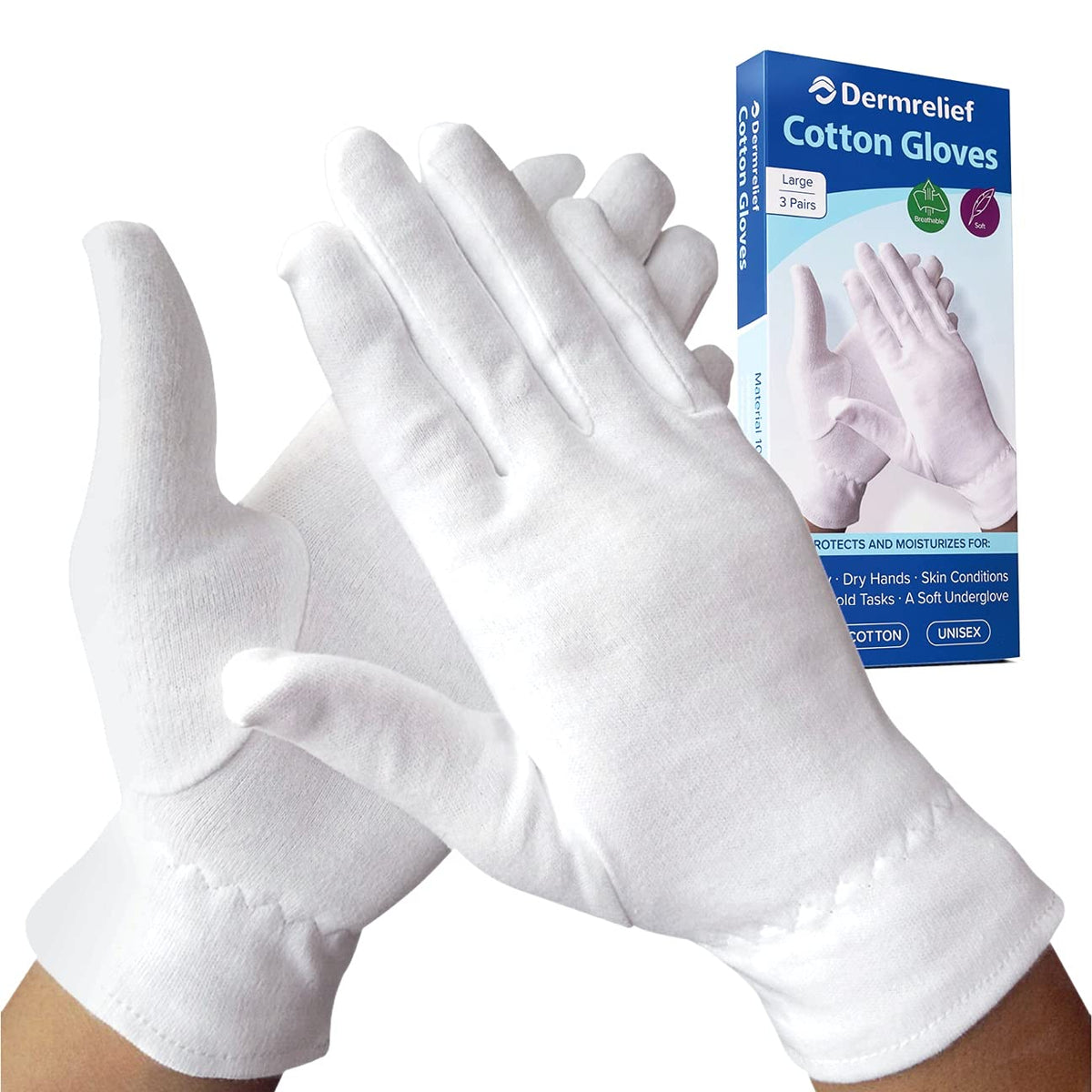 Dermrelief Cotton Gloves - for Beauty, Dry Hands, Eczema, Dermatitis and Psoriasis (Large, 3 Pairs)
