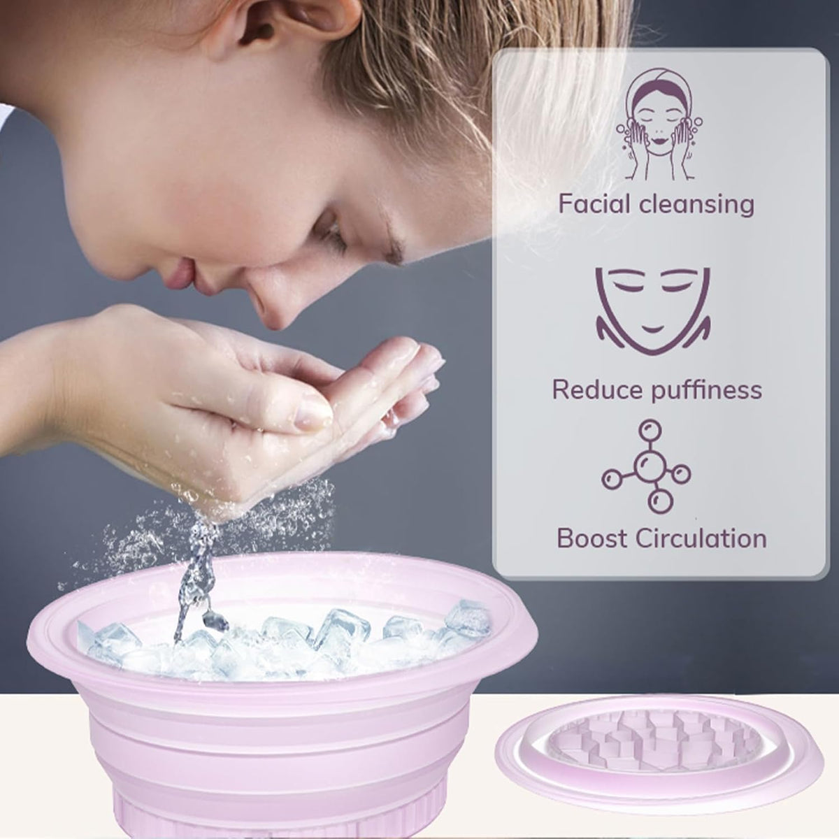 Portable Ice Bath Bowl for Face - Collapsible Silicone Bowl with Built-In Ice Tray for Acne Relief for Home, Travel & Parties (Purple)