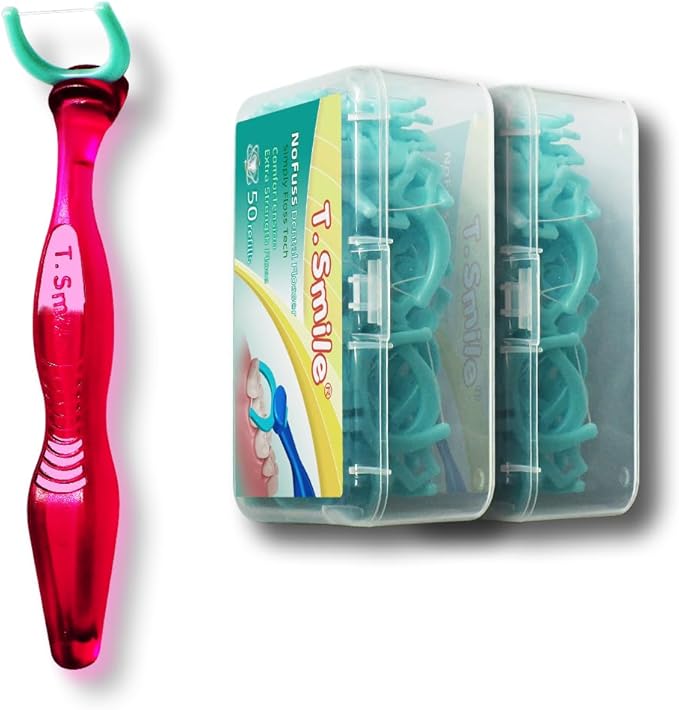 T.Smile NoFuss Dental Flosser Kit, 5-inch Long Handle & Refill Heads, Extra-Strength Floss for Comfortable Clean, Fluoride Free (1 Red Handle + 100 Refills)