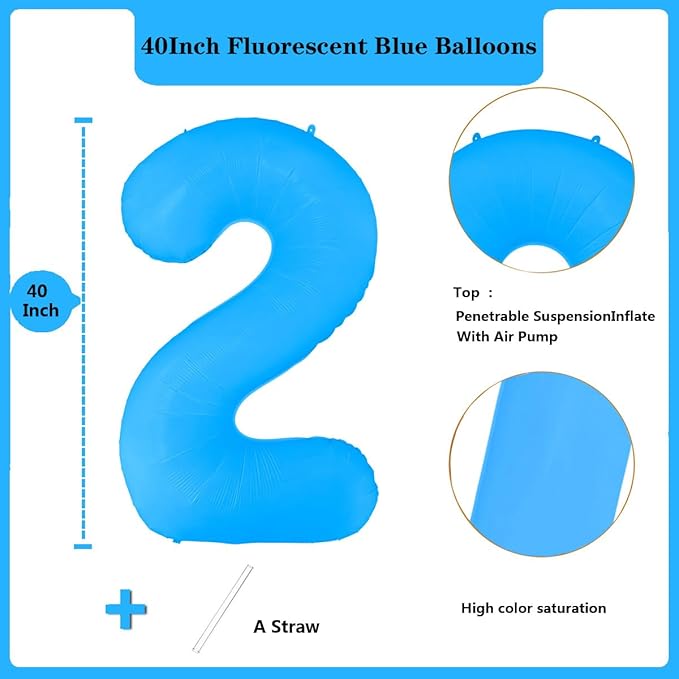 Fluorescent Blue Number Balloon 40 inch Giant Foil Helium Balloons Blue Number 2 Balloon for 2nd Birthday Party Decorations