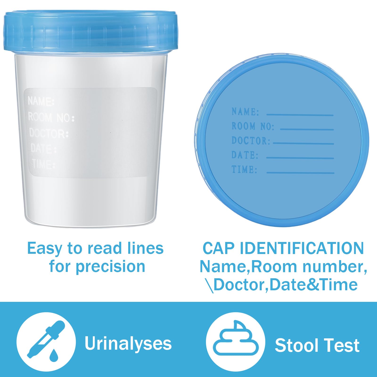 Geiserailie 200 Pcs Disposable Specimen Cup Urine Pee Cups for Testing 4oz Specimen Container with Leak Proof Screw on Lids for Safe Urinalysis Pee Stool Sample Collection Analysis (Blue)