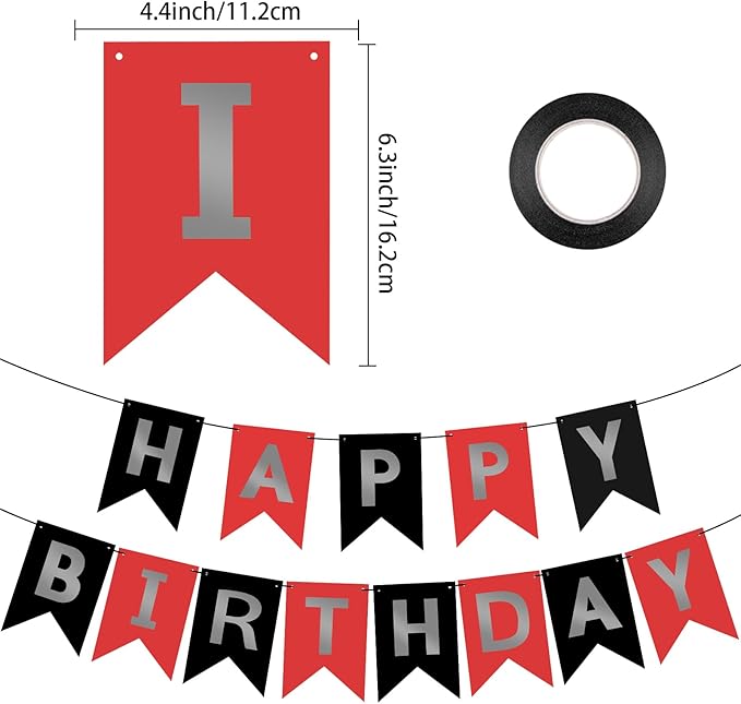 Red Silver Black Happy Birthday Banner Sign Happy Birthday Bunting Banner Garland for Kids Girl Woman Birthday Tea Party Decorations Bunting Flag Birthday Party Supplies