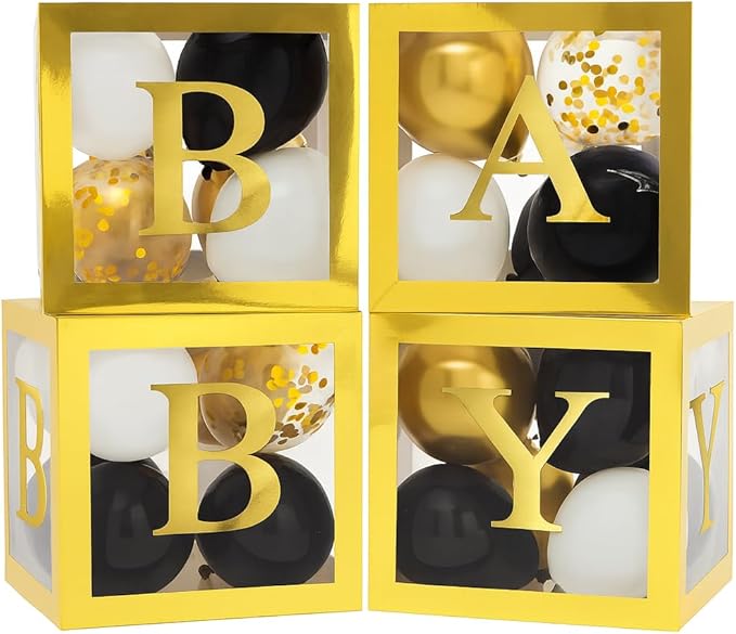 Baby Shower Boxes with Letters – Gold Boxes with Gold & Black Balloons – 44-Piece Gender Reveal & Party Decoration Set by Vellax