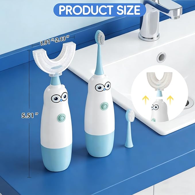 Kids Electric Toothbrush，360-Degree Sonic Vibration, IPX7 Waterproof,Toddler U Shaped Toothbrush with 2 Soft Brush Head,Cute Owl Design Baby Toothbrush for Ages 2–7（Blue）