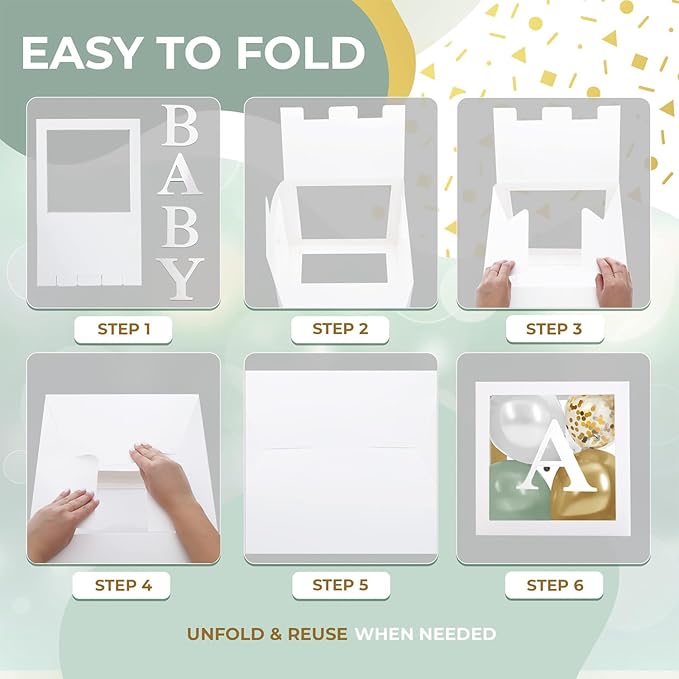 Baby Shower Boxes with Letters – White Boxes with Sage-Green, Gold, Gold Confetti, and White Balloons – 44-Piece Gender Reveal & Party Decoration Set by Vellax