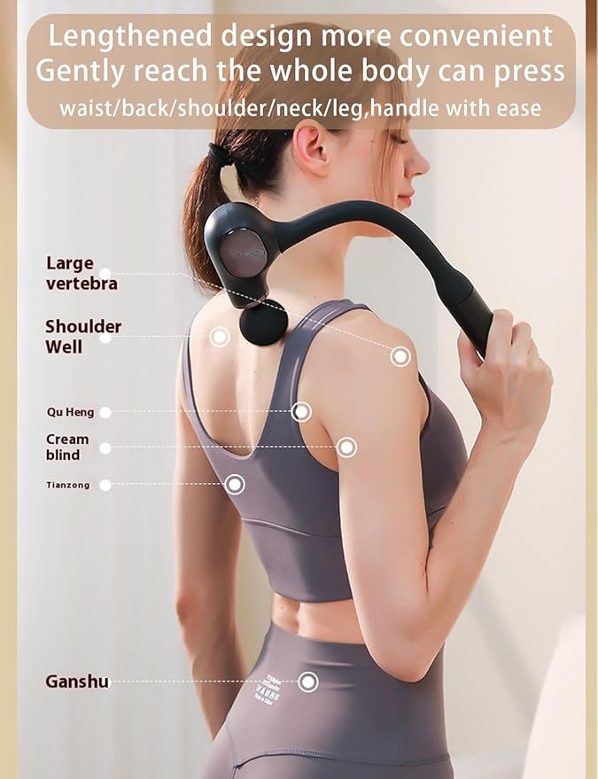 Deep Tissue Massage Gun with Bend Handle, 12MM Percussion, 4 Replaceable Heads, Less-Shock Design for Back, Neck, Foot, Leg, Shoulder