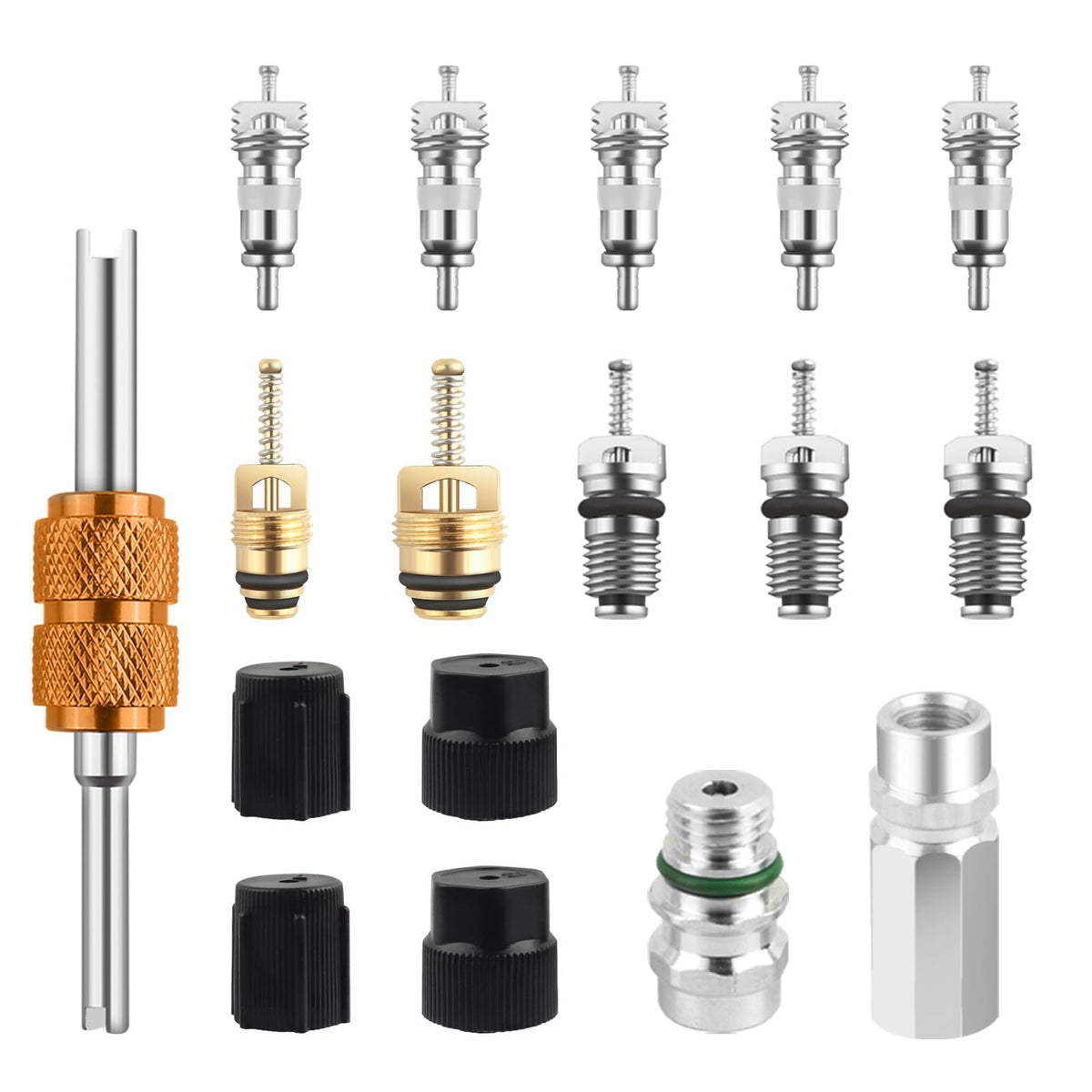 Figpade 17PCS AC Valve Core Kit,Air Conditioning Valve Stem Core Repair Set with AC Valves Cores Removal Tool,Universal Car Tool