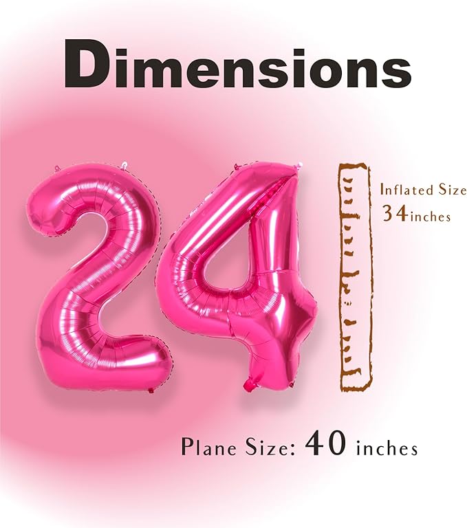 SUWEN 40 Inch Large Hot Pink 24 Number Balloons Big Foil Helium Number Balloons 0-9 Jumbo Happy 24th Mylar Birthday Party Decorations for Women 42 Anniversary Party Supplies