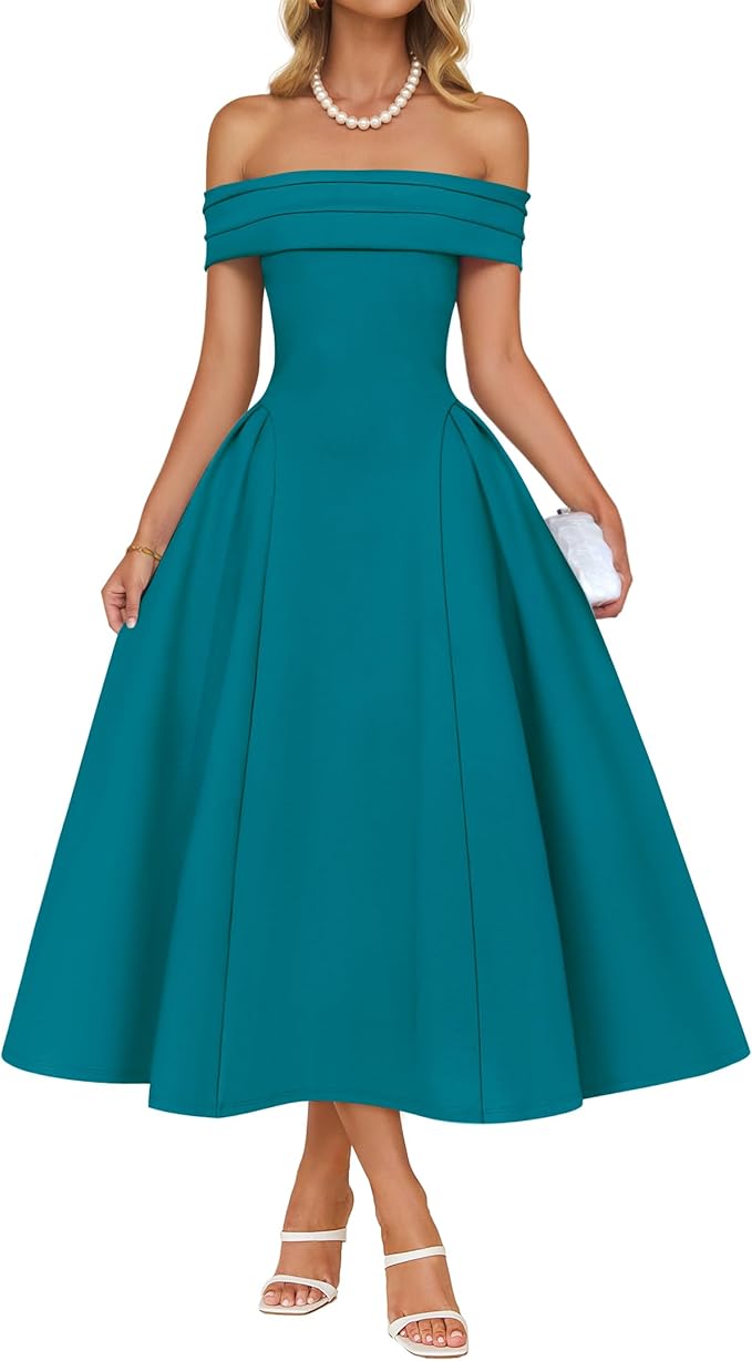 ZESICA Summer 2026 Cocktail Dresses for Women's Off Shoulder Short Sleeve Swing A Line Wedding Evening Party Midi Dress