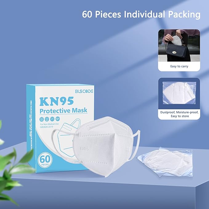 BLScode KN95 Face Mask 60 Pack,Individually Wrapped 5-Layer face Masks,Filter Efficiency≥95%