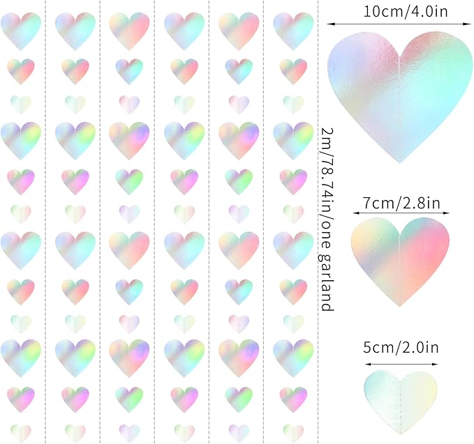 Iridescent Disco-Holographic Party-Decorations Love-Heart Garland - 39Ft Wedding Hanging Decoration Neon Streamers Banner,Valentines Birthday Bachelorette Baby Bridal Shower Engagement Decor Hugtmr