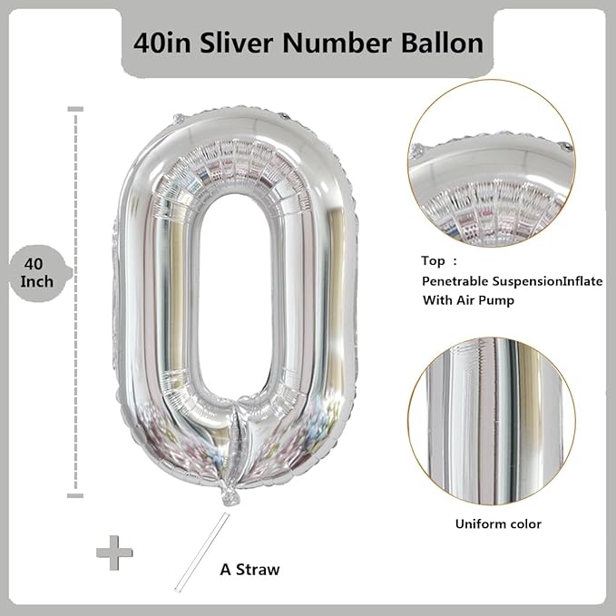 40 inch Silver Number Balloon Giant Foil Helium Balloons Silver Number 0 Balloon for Birthday Party Anniversary Decorations Supplies