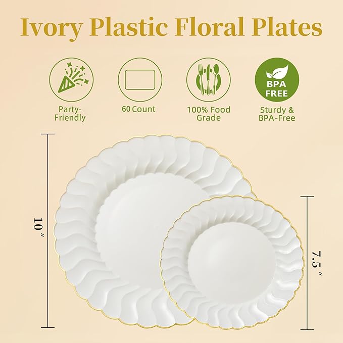 Lullaby 60PCS Ivory Scalloped Plastic Plates with Gold Rim, Disposable Elegant Plates Include 30pcs Dinner Plate 10.25", 30pcs Plastic Dessert Plate 7.5", Perfect for Wedding and Party
