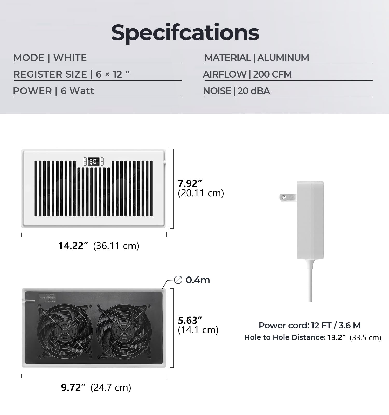 BIOWIND Quiet Register Booster Fan Fits 6" x 12" Register Holes, 10-Speed Smart Heating Cooling AC Vent Fan with Remote Control and Thermostat Control - White