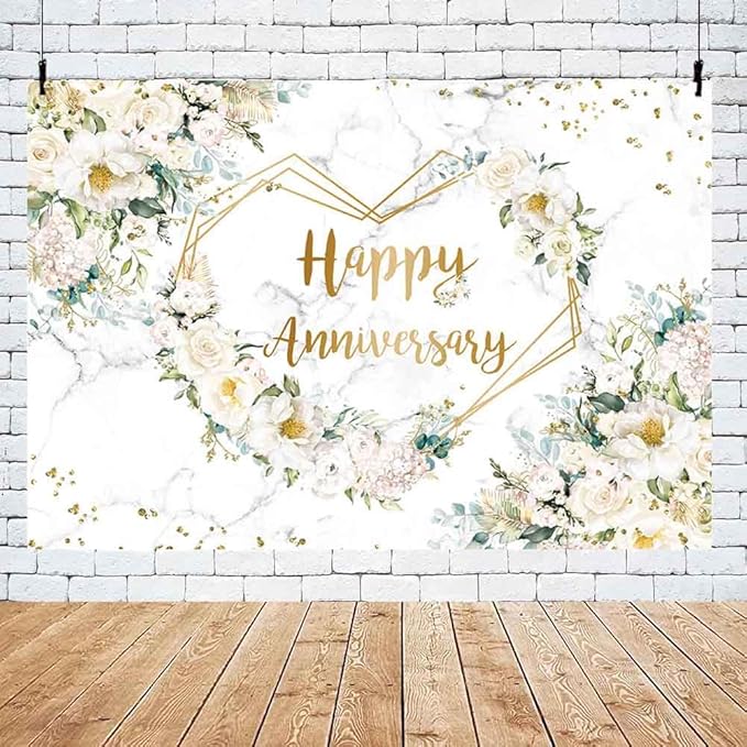 MEHOFOND 10x7ft Happy Anniversary Backdrop White Floral Wedding Anniversary Photography Background Hearts Geometric Couple Wedding Bridal Shower Women Birthday Party Cake Smash Decor Studio Photo Prop
