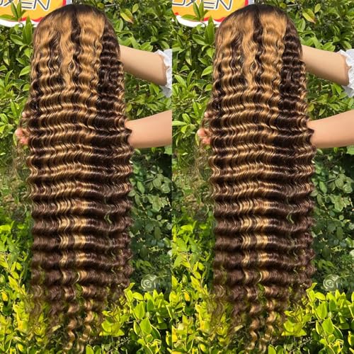 Highlight Ombre Wear and Go Glueless Hd Transparent Deep Curly Honey Blonde Lace Front Wigs Human Hair Pre Plucked with Baby Hair 200% Density 4/27 Water Wave Wig Human Hair