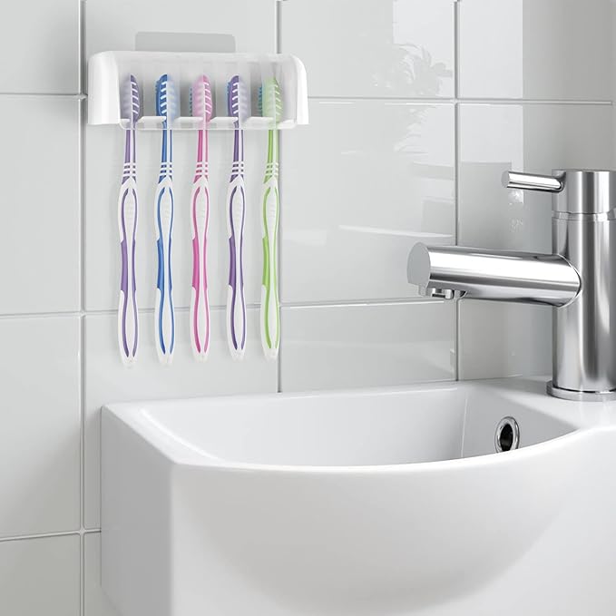 2 Pack 5 Slots Wall Mount Toothbrush Holder with Cover, Self Adhesive Toothbrush Storage Organizer for Shower, Toothbrush Hanger for Bathroom, Medicine Cabinet, Dorm