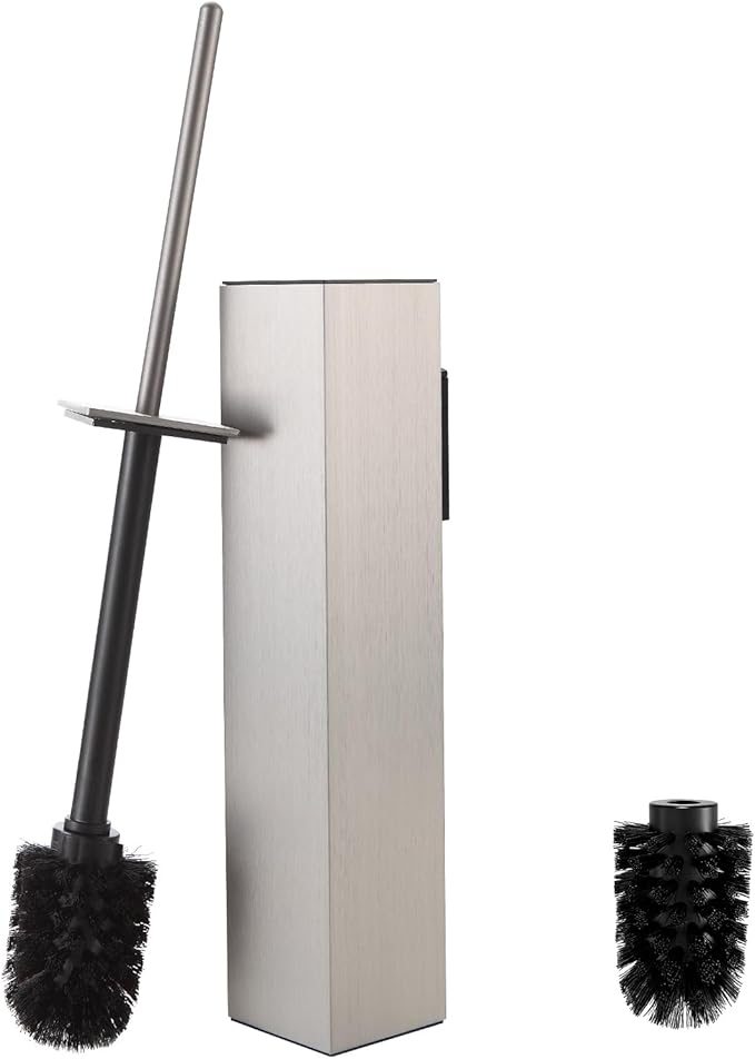 Toilet Brush and Holder Wall Mounted, Brushed Nickel Aluminum with 2 Replaceable Heads, Bathroom Toilet Brush, Drill or 3M Adhesive Mount for Bathroom