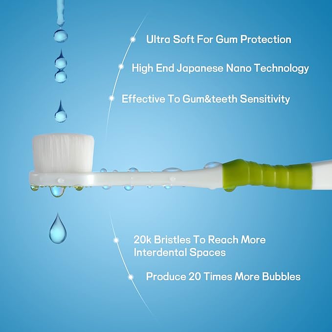 OBrush Soft Toothbrush for Sensitive Teeth and Gums, New 20,000 Micro Fine Nano Bristles Tooth Brush for Adults, Pregnant and Elderly, Packed in Portable Case, Color Green Beige Pack of 2