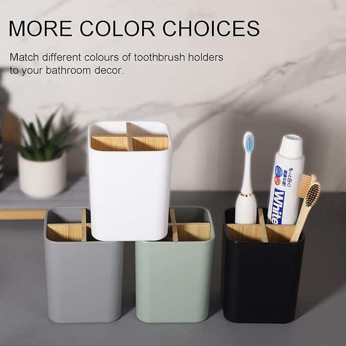 Bamboo Toothbrush Holder for Bathrooms, 4 Slots Toothbrush and Toothpaste Holder Bathroom Counter Organizer for Electric Toothbrushes, Floss, Razors - Black