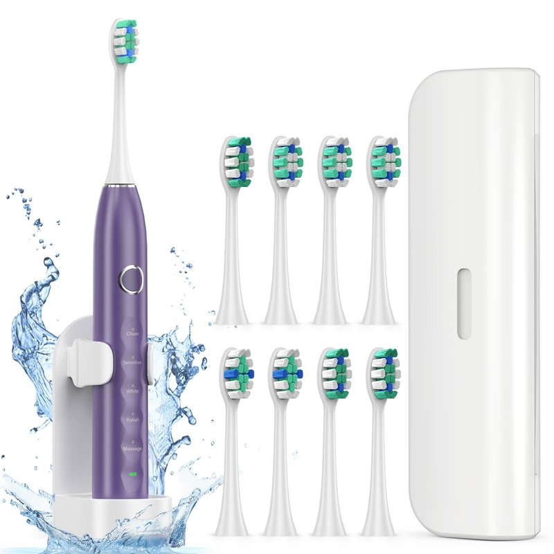 Fronix Electric Toothbrush for Adults with 8 Brush Heads, Sonic Toothbrush Rechargeable with a Holder & Travel Case, 2.5 Hours Charge for 120 Days Use - Purple