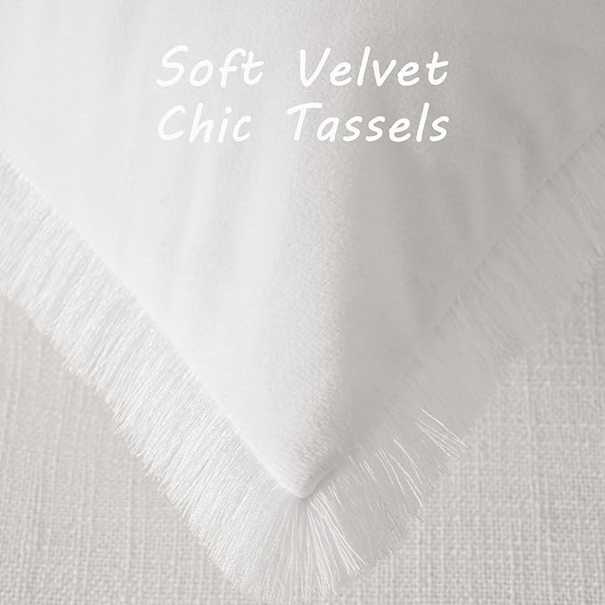 FUTEI Cream White Velvet Decorative Throw Pillow Covers 22x22 Set of 2,Soft Cozy Edge with Tassels Cushion Case,Boho Modern Home Decor for Couch Bed Living Room