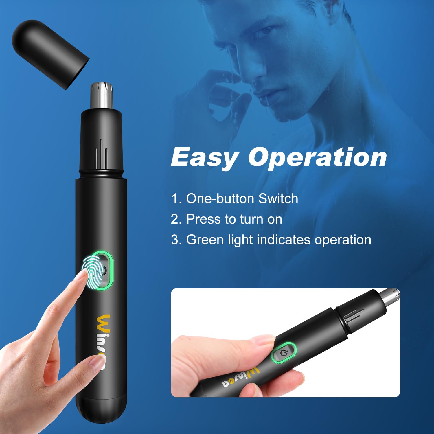 Winsea Precision Nose Hair Trimmer – 360° Safe & Efficient Electric Trimming, USB Rechargeable, Waterproof, for Nose, Ear, Eyebrows, and Beard Grooming