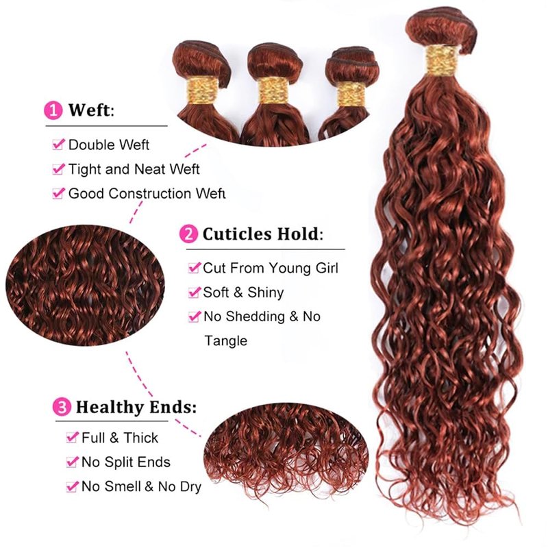 Reddish Brown Bundles Human Hair Water Wave Bundles #33 Copper Red 3 Bundles 12 14 16 Inch Brazilian Remy Auburn Brown Human Hair Extensions 300g Total Double Weft for Women