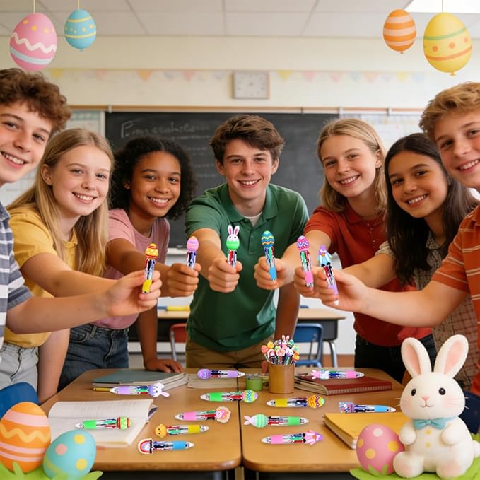 24PCS Easter Fun Pens Cute Multicolor Ballpoint Pens 4 Colors in 1 Kawaii Bunny Easter Egg Chicken Rainbows Gnome for Easter Basket Stuffers Party Favors Supplies Rewards Holiday Gifts
