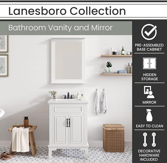 Hanover Lanesboro 24'' Vanity Cabinet with Sink Combo for Bathroom, Powder Room | Pre-Assembled Cabinet | 2 Doors | Accent Mirror | Artificial Stone Countertop, White Cabinet | HANVN0105-24-0WH