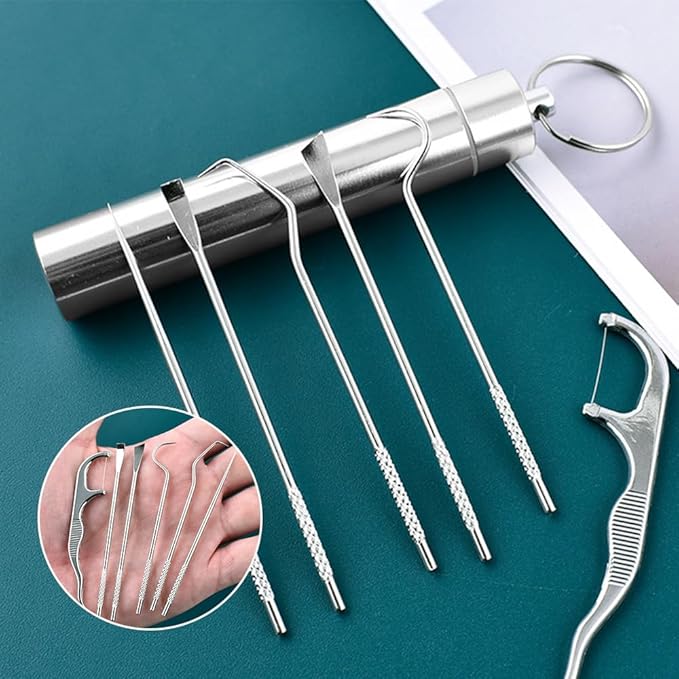 Stainless Steel Toothpick Set, Reusable Metal Toothpicks Cleaning Kit with Holder, Dental Picks Metal Dental Kit Oral Care Tools Toothpicks Pocket Set for Outdoor Picnic Camping Traveling (2 Set -A)