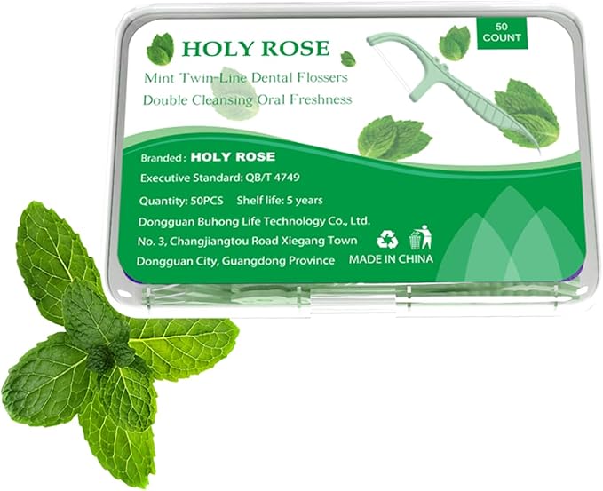 Holy Rose Dental Floss Picks Portable Case 2 Box with Twin-Line Flossers 100 Count,Mint Flavor,Dual Action Flossing Clean System,50 Count/Boxs,Easy Storage.