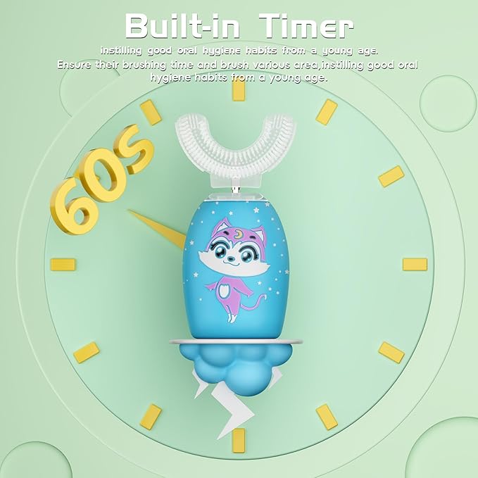 Kids U Shaped Electric Toothbrush with 4 Brush Heads, Rechargeable Toothbrush Kids with 2 Modes, Cartoon Cat 360-Degree Cleaning IPX7 Waterproof Design (Ages 2-12)