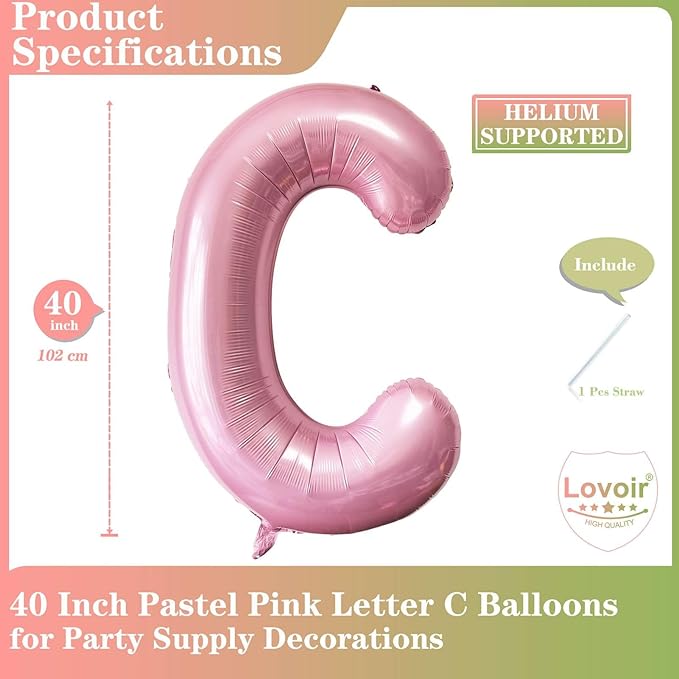 Pink Letter C Balloons, 40 Inch Pastel Pink Letter Balloons C Foil Mylar Helium Pink Letter Balloons for Birthday Party Supplies Anniversary Event Celebration Decorations Alphabet Pink C