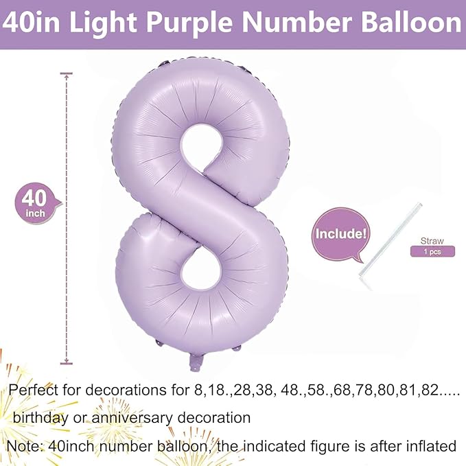 40 Inch Purple Number Balloons Light Purple 8 Balloon Matte purple Birthday Balloons 0-9 Birthday Wedding Party digital Decorations (Number 8)