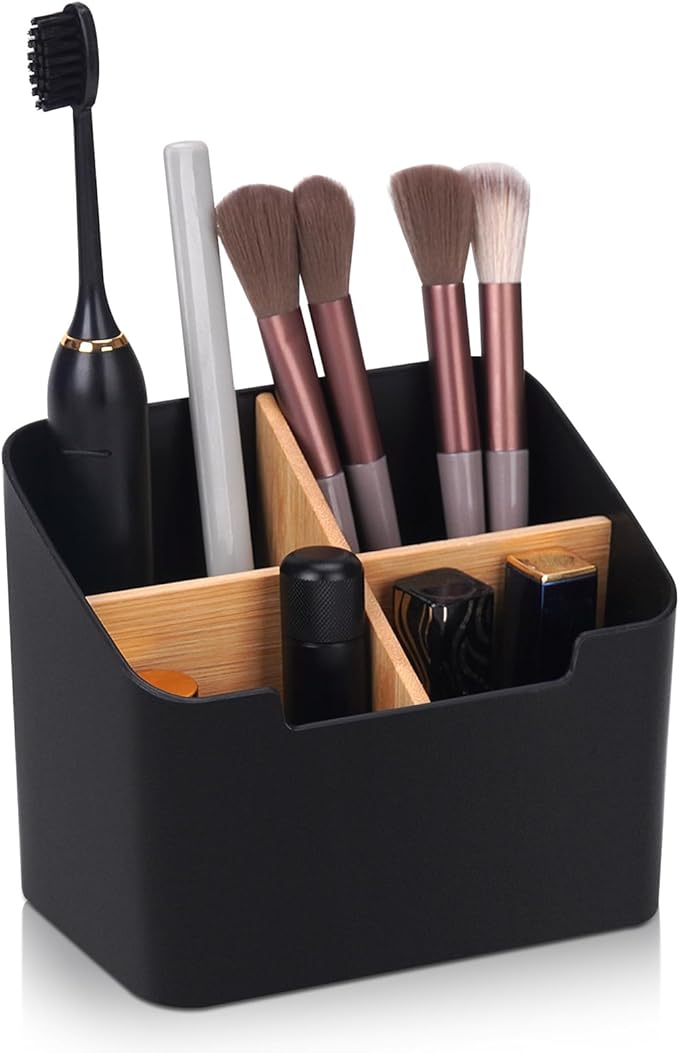 Toothbrush Holders for Bathrooms,Electric Toothbrush and Toothpaste Holder with Divider for Bathroom Countertop Organizer,Toothbrush Caddy for Kids Family Counter Vanity Storage Black