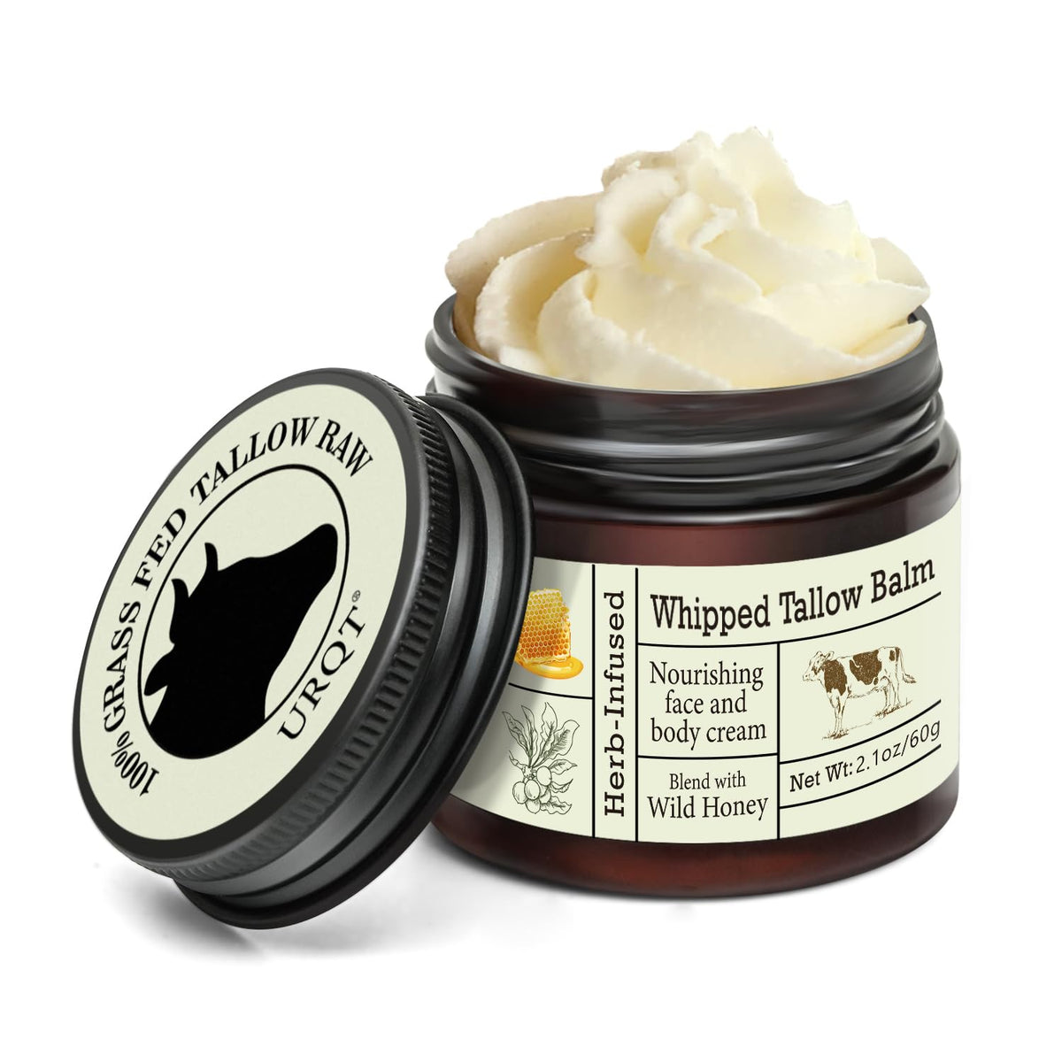 URQT Beef Tallow for Skin - Organic Grass-Fed Whipped Beef Tallow and Honey Balm - Deeply Moisturizing for Face & Body - Natural Skin Care for Soft, Supple Skin