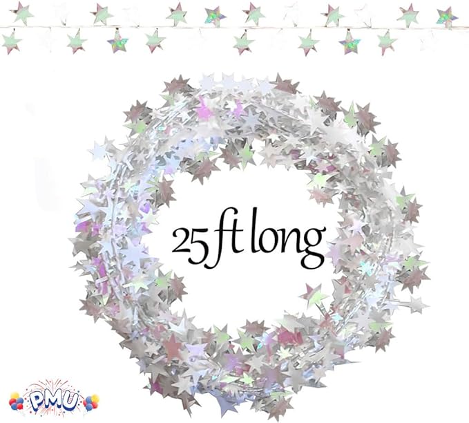 PMU 150 Ft Star Wire Shiny Garland White Iridescent - Halloween, Christmas Party, Wedding, Birthday, Festive Home Decoration Ornament White Iridescent (6pc-25Ft Each)