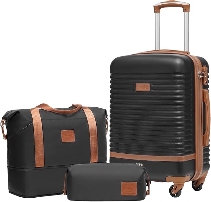 Coolife Suitcase Set 3 Piece Luggage Set Carry On Travel Luggage TSA Lock Spinner Wheels Hardshell Lightweight Luggage Set(Black, 3 piece set (DB/TB/20))