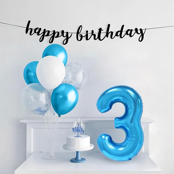 Blue 3 Number Balloon, 40 Inch, Premium Mylar, Reusable, for Birthday Party Decoration