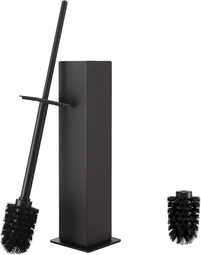 Toilet Brush and Holder Floor Standing, Black with 2 Replaceable Heads, Bathroom Toilet Brush, Freestanding Toilet Bowl Brush with Removable Liner and Splash Guard, Modern Square Design