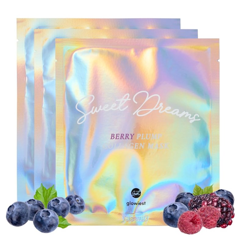 glowiest Sweet Dreams Berry Plump Collagen Mask Set of 3, Lifting & Hydrating Face Collagen Jelly Mask, 79% Collagen, Elastin, Hyaluronic Acids, Polyglutamic Acid, Peptides, Korean Skincare