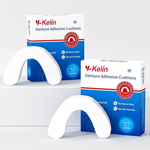 Y-Kelin Lower Denture Adhesive Cushions, Adhesive-Free Denture Pads for Sore Gums, 30 Pads*2 (60 Strips)