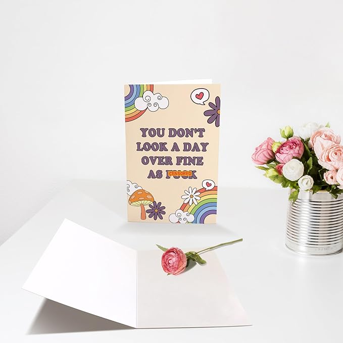 Chenive Funny Birthday Card for Her, Happy Birthday Card for Wife Girlfriend, Rainbows Bday Greeting Card for Friend Bestie, You Don't Look A Day Over Fine