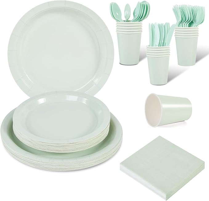 Ottin 169PCS Sage Green Party Supplies for 24 Guests – Disposable Paper Plates, Napkins, Cups, Forks, Knives, Spoons & Tablecloth for Birthday, Wedding, Halloween, Thanksgiving, Christmas, New Year