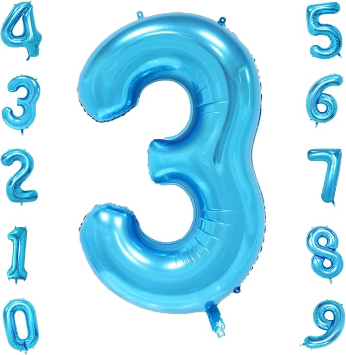 Blue 3 Number Balloon, 40 Inch, Premium Mylar, Reusable, for Birthday Party Decoration