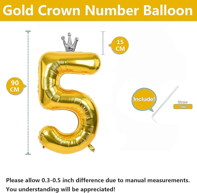 Gold Number 5 Balloon with Crown, 40 inch Gold Number Balloon 5th Birthday Party Decoration Gold Crown Balloons 0-9 for Birthday Party Anniversary Decorations Supplies