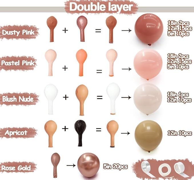 Dusty Pink Brown Balloon Garland Nude Tan Pink Rose Gold Double Stuffed Dusty Rose Mauve Blush Beige Balloon Arch Kit for Baby Shower Birthday Bridal Wedding Mother's Day Party Decorations