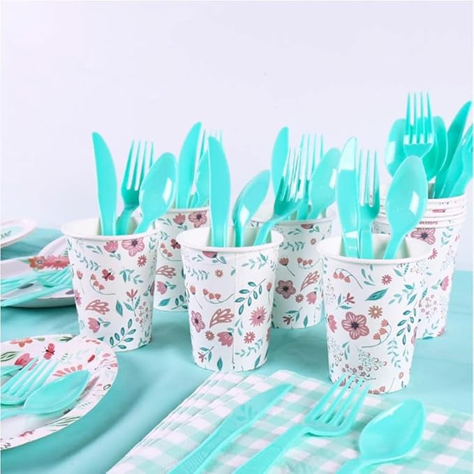 KEPATO Easter Bunny Party Supplies for 16 Guests, 113 Pcs Disposable Tableware Set with Plates, Napkins, Cups, Forks and Spoons for Easter Bunny Birthday Party Decorations